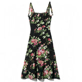 Black Multi-Color Rose Floral Print Bodycon Ruffle Trim Spaghetti Strap Maxi Dress