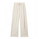 Light Beige Low Rise Cotton Linen Wide Leg Trouser Pants