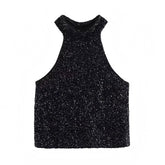 Black Sequined Glitter Slim Fit Sleeveless Halter Crop Tank Top
