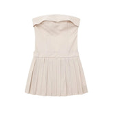 Beige Striped Strapless Corset Pleated Mini Dress