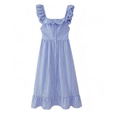 Blue Striped Seersucker Ruffle Trim Short Sleeve Backless Linen Maxi Dress