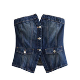 Dark Blue Faded Vintage Slim Fit Corset Asymmetric Strapless Denim Tube Top