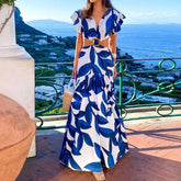 Blue Leaf Print Cut-Out Maxi Dress
