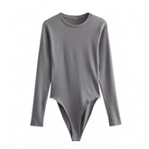 Dark Grey Cotton Bodycon Long Sleeve Slim Fit Round Neck Bodysuit