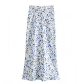 Dark Blue Floral Print Satin Low Rise Maxi Skirt