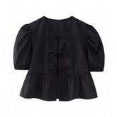 Black Bow Lace Up Short Puff Sleeve Camisole Blouse Top