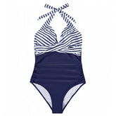 East Port Navy Blue Striped & Solid Halter Backless One Piece Swimsuit