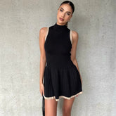 Chic Mock Neck Sleeveless Pleated Mini Dress