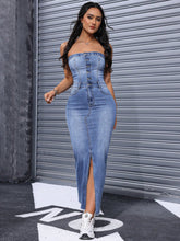 Chic and Sexy: Sleeveless Denim Maxi Dress with Slit and Bodycon Fit