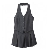 Dark Grey Pinstriped Slim Fit V-Neck Sleeveless Pleated Halter Backless Mini Dress