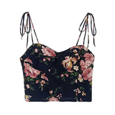 Black Rose Floral Print Spaghetti Strap Corset Tank Top