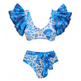 Calista Blue & White Floral Print Ruffle Trim Puff Sleeve 2 Piece Bikini Set