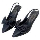 Black Bow Slingback Faux Leather Kitten Silhouette High Heels