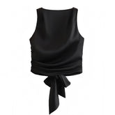 Black Satin Slim Fit Ruched Sleeveless Boatneck Backless Blouse Top