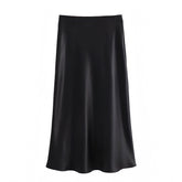 Black Satin Low Rise Midi Skirt