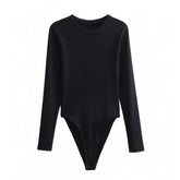 Black Cotton Bodycon Long Sleeve Slim Fit Round Neck Bodysuit