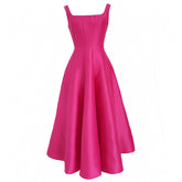 Astrid Hot Pink Satin Slim Fit Drop Waist Bouffant Spaghetti Strap Maxi Dress