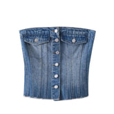Dark Blue Faded Vintage Slim Fit Corset Strapless Denim Tube Top