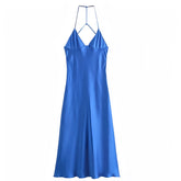 Dark Blue Satin Bodycon Spaghetti Strap Backless Halter Maxi Dress