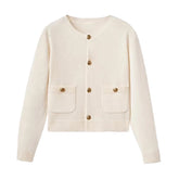 Cream White Knit Gold Button Cardigan Sweater