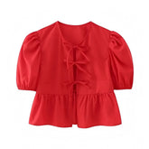 Cherry Red Bow Lace Up Short Puff Sleeve Camisole Blouse Top