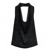 Black Glitter Draped Scoop Neck Sleeveless Backless Halter Crop Tank Top
