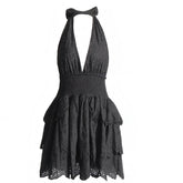 Black Eyelet Embroidered Smocked Layered Ruffle Drop Waist Halter Mini Dress