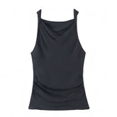 Black Satin Slim Fit Boat Neck Sleeveless Ruched Tank Top