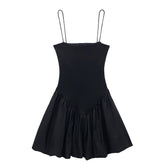 Black Slim Fit Spaghetti Strap Ruffled Drop Waist Mini Dress