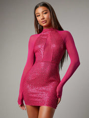 Glamorous Holiday Sparkle: Christmas Mock Neck Sequin Bodycon Dress