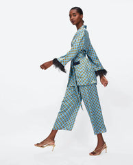 Blue Printed Kimono suit With Feather Sleeves