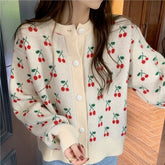 Cottagecore Cherry-Print Loose Cardigan