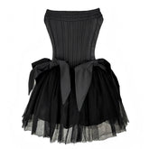 Black Satin Bow Slim Fit Corset Strapless Drop Waist Mini Dress
