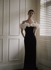 SLIT MIDI DRESS IN BLACK AND WHIRT