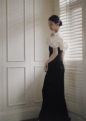 SLIT MIDI DRESS IN BLACK AND WHIRT