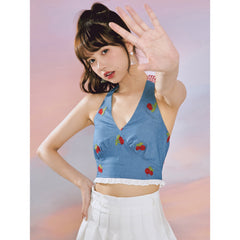 Vintage Cherries Denim Vest ~ HANDMADE