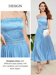 Mint Green Elegance: Premium Solid Frill Trim Pleated Tube Dress
