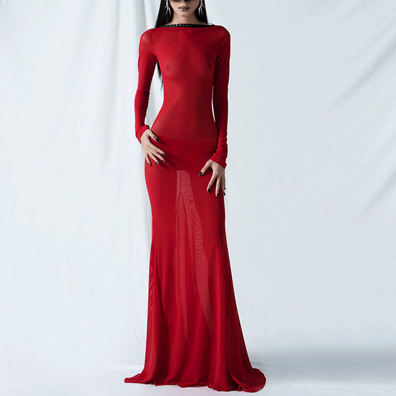 Backless strappy long-sleeved extra-long dress