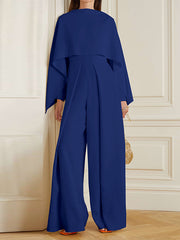 Solid Cape Sleeve Hollow Out Chiffon Wide-Leg Jumpsuit