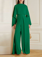 Solid Cape Sleeve Hollow Out Chiffon Wide-Leg Jumpsuit