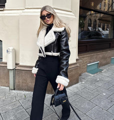 Black leather short street jacket