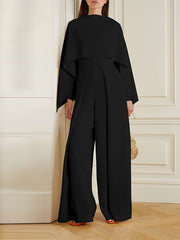 Solid Cape Sleeve Hollow Out Chiffon Wide-Leg Jumpsuit