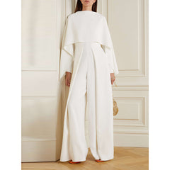 Solid Cape Sleeve Hollow Out Chiffon Wide-Leg Jumpsuit