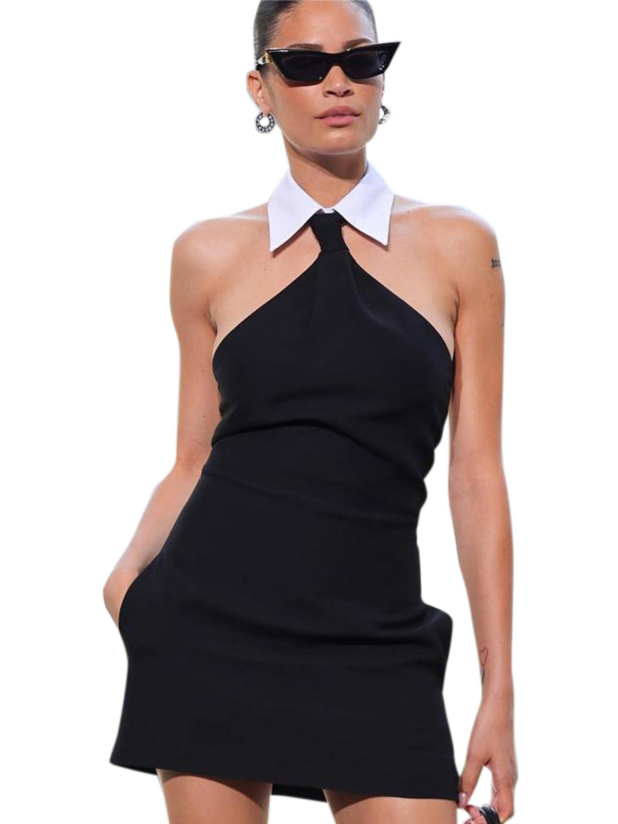 Black fitted dress with shirt collar