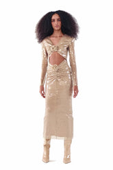 BEIGE FLORAL SEQUINED MIDI DRESS