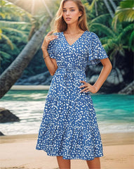 Snowflake printed deep V collar wave point cake dress Shift dresses