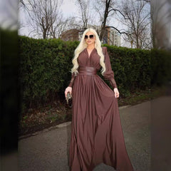 V Neck Wrap Dress In Chocolate