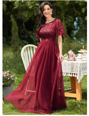 Plus Size Women's Embroidery Evening Dresses with Short Sleeve