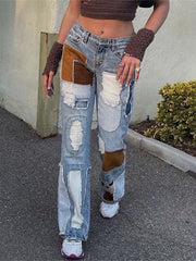 American retro style contrast patch jeans