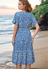 Snowflake printed deep V collar wave point cake dress Shift dresses